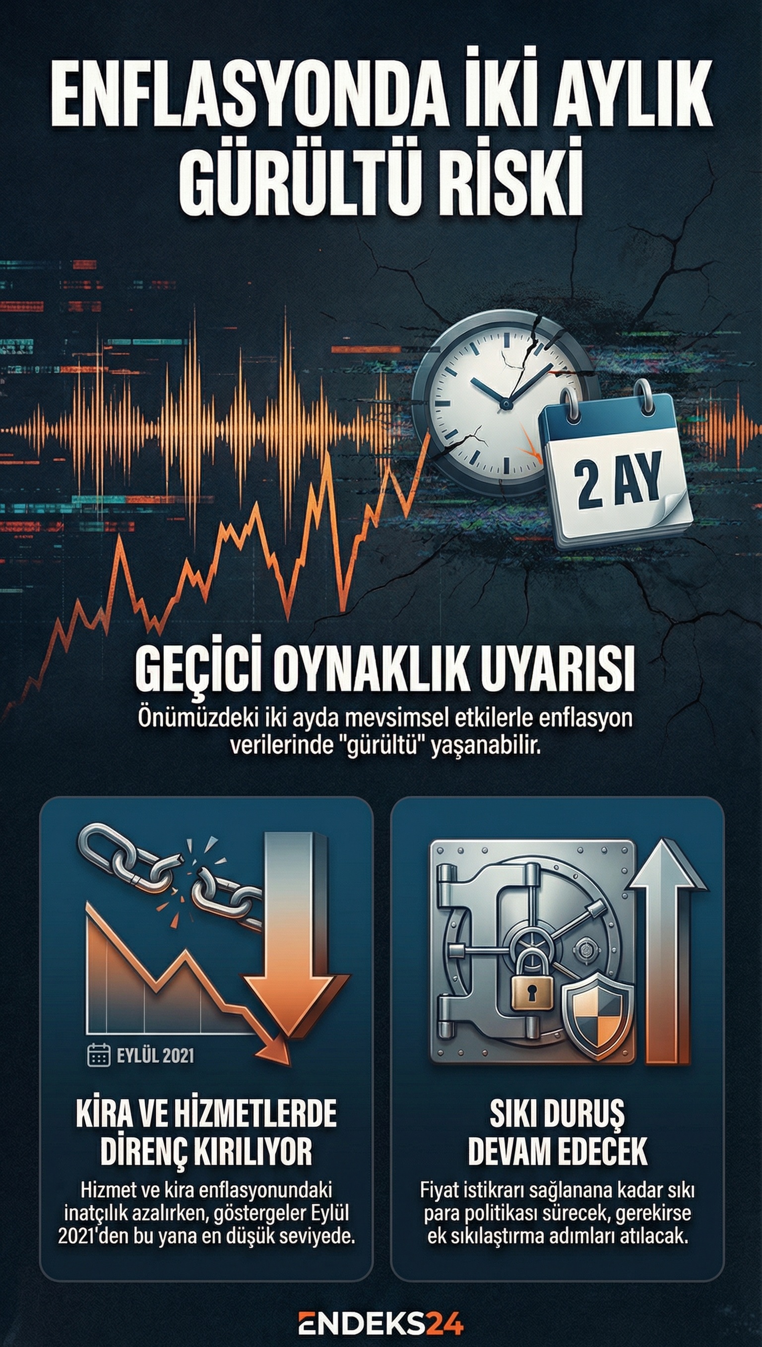 TCMB Başkanı Fatih Karahan’ın yatırımcı sunumunda enflasyon görünümü, kira ve hizmet enflasyonu ile para politikası duruşuna ilişkin verdiği mesajları gösteren infografik.