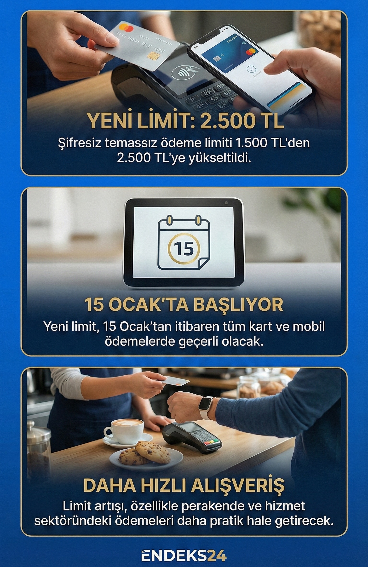 Temassız ödemelerde şifresiz işlem limitinin 15 Ocak itibarıyla 2.500 liraya çıkarılmasını gösteren infografik.