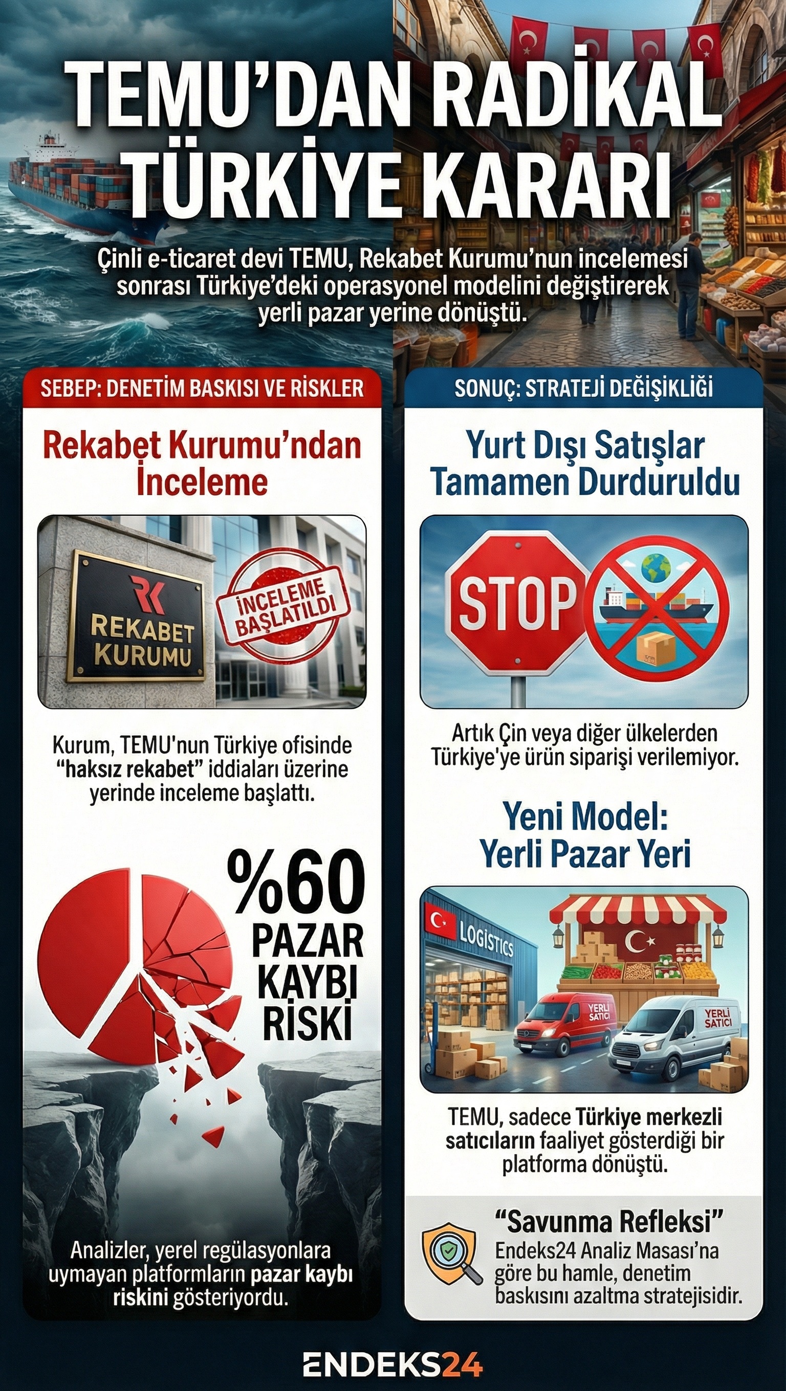 TEMU Türkiye uluslararası ürün satışı durdurma kararı ve Rekabet Kurumu inceleme verilerini içeren infografiği