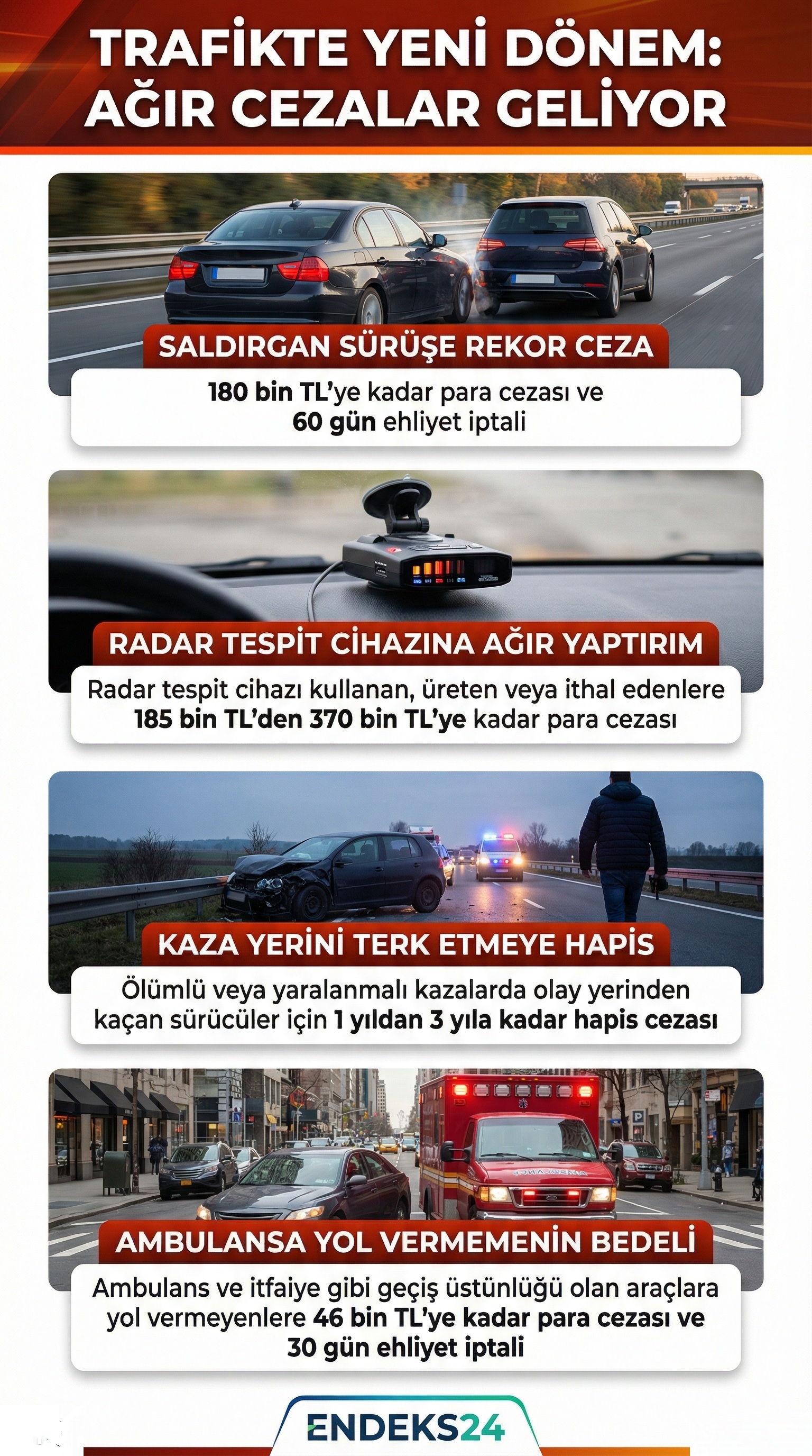 TBMM’ye sunulan yeni trafik kanun teklifiyle aşırı hız, saldırgan sürüş ve diğer ağır trafik ihlallerine yönelik öngörülen ceza ve ehliyet yaptırımlarını gösteren infografik.