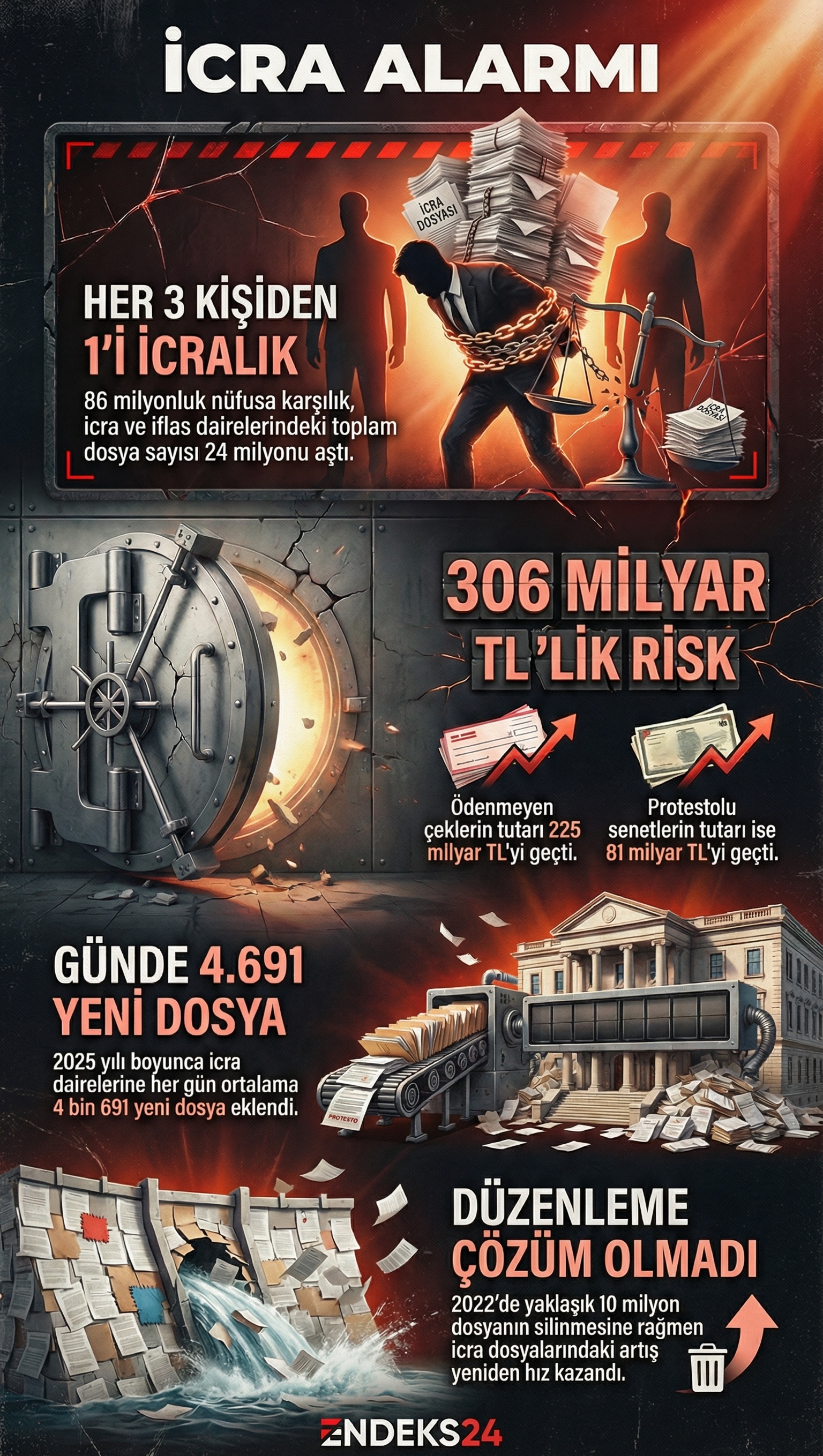 Türkiye’de icra ve iflas dosyası sayısı ile karşılıksız çek ve senet tutarlarının son durumu.