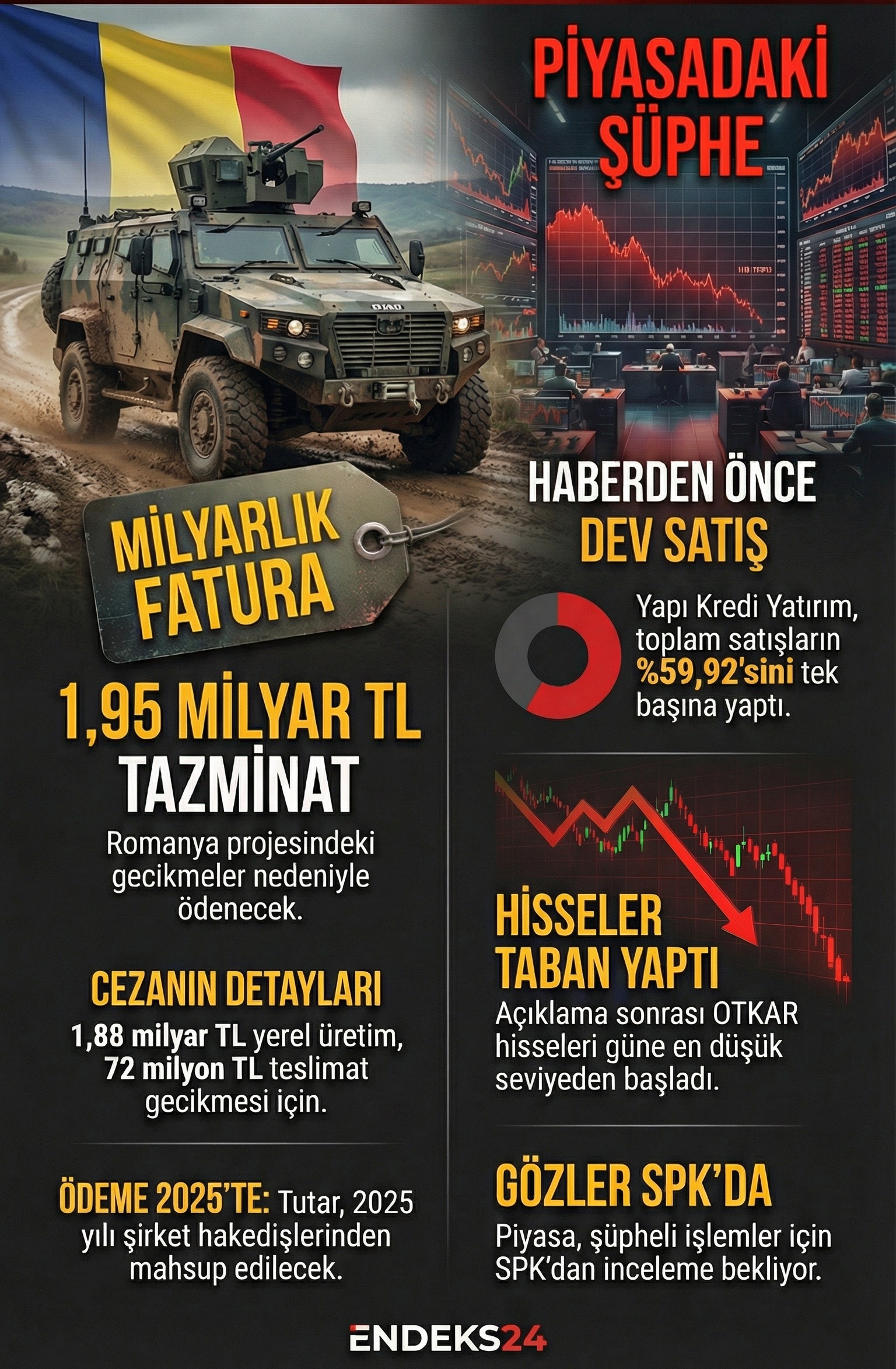 Otokar'ın Romanya projesi kapsamında ödeyeceği tazminat kalemleri ve Yapı Kredi Yatırım üzerinden gerçekleşen şüpheli satışların oransal dağılımı.