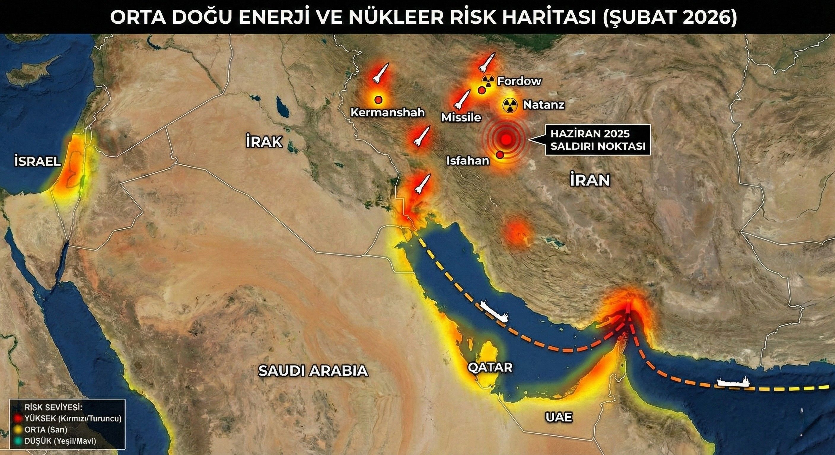 Orta Doğu enerji ve nükleer tesisler jeopolitik risk ısı haritası (Şubat 2026).